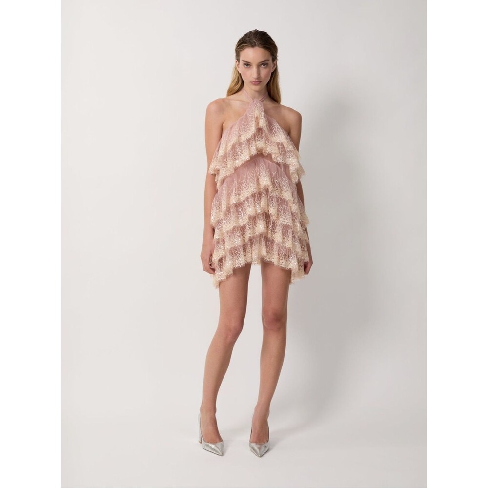 NEW AKNVAS Angelica pink cocktail dress Lace Tiered Party Dress W Sequins, US2